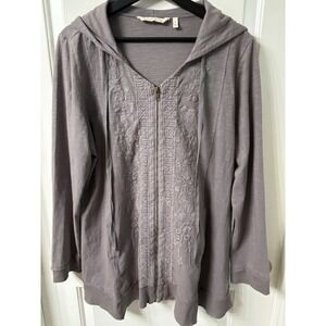 Soft Surroundings Corrina Gray Floral Embroidered Hoodie Sweatshirt Size XL